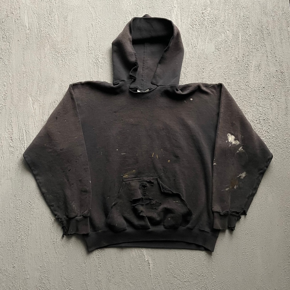 Vintage Distressed Hoodie Mens XL Black 90s Paint Splatter